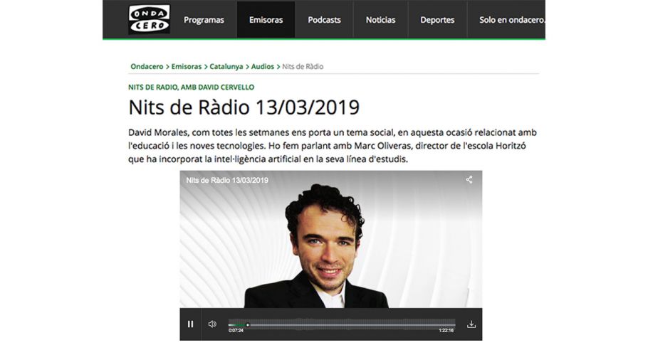<time datetime="2019-03-14T15:34:45+00:00">14 de marzo de 2019</time> | <a href="https://www.escola-horitzo.cat/author/kike/">Super User</a> | <a href="https://www.escola-horitzo.cat/category/sala-de-premsa/" rel="tag">Sala de premsa</a> | <a href="https://www.escola-horitzo.cat/2019/03/14/onda-cero-nits-de-radio-entrevista-marc-oliveras-1/#respond">No hay comentarios<span class="screen-reader-text"> en Onda Cero: Nits de Ràdio – Entrevista Marc Oliveras</span></a>