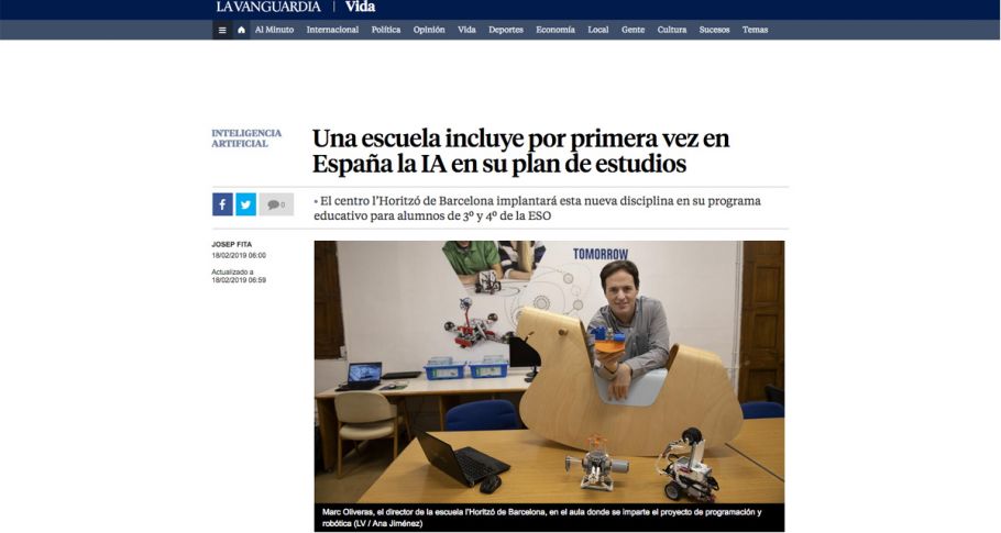 <time datetime="2019-02-18T19:57:25+00:00">18 de febrero de 2019</time> | <a href="https://www.escola-horitzo.cat/author/kike/">Super User</a> | <a href="https://www.escola-horitzo.cat/category/sala-de-premsa/" rel="tag">Sala de premsa</a> | <a href="https://www.escola-horitzo.cat/2019/02/18/la-vanguardia-una-escuela-incluye-por-primera-vez-en-espana-la-ia-en-su-plan-de-estudios/#respond">No hay comentarios<span class="screen-reader-text"> en La Vanguardia: Una escuela incluye por primera vez en España la IA en su plan de estudios</span></a>
