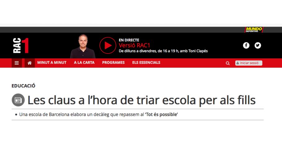 <time datetime="2018-02-02T14:30:28+00:00">2 de febrero de 2018</time> | <a href="https://www.escola-horitzo.cat/author/kike/">Super User</a> | <a href="https://www.escola-horitzo.cat/category/sala-de-premsa/" rel="tag">Sala de premsa</a> | <a href="https://www.escola-horitzo.cat/2018/02/02/una-escola-de-barcelona-elabora-un-decaleg-que-repassem-al-tot-es-possible/#respond">No hay comentarios<span class="screen-reader-text"> en Una escola de Barcelona elabora un decàleg que repassem al ‘Tot és possible’</span></a>