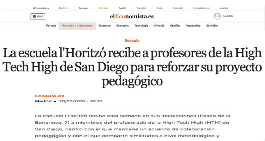 <time datetime="2018-06-28T05:50:17+00:00">28 de junio de 2018</time> | <a href="https://www.escola-horitzo.cat/author/kike/">Super User</a> | <a href="https://www.escola-horitzo.cat/category/sala-de-premsa/" rel="tag">Sala de premsa</a> | <a href="https://www.escola-horitzo.cat/2018/06/28/el-economista-es-la-escuela-l-horitzo-recibe-a-profesores-de-la-high-tech-high-de-san-diego-para-reforzar-su-proyecto-pedagogico/#respond">No hay comentarios<span class="screen-reader-text"> en El Economista.es: La escuela l’Horitzó recibe a profesores de la High Tech High de San Diego para reforzar su proyecto pedagógico</span></a>