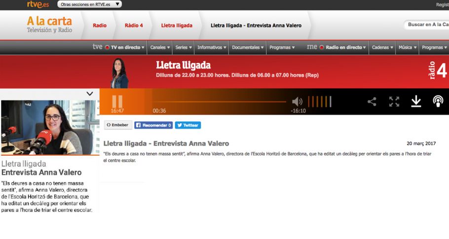 <time datetime="2018-02-02T14:17:52+00:00">2 de febrero de 2018</time> | <a href="https://www.escola-horitzo.cat/author/kike/">Super User</a> | <a href="https://www.escola-horitzo.cat/category/sala-de-premsa/" rel="tag">Sala de premsa</a> | <a href="https://www.escola-horitzo.cat/2018/02/02/lletra-lligada-entrevista-anna-valero-castell/#respond">No hay comentarios<span class="screen-reader-text"> en Lletra lligada – Entrevista Anna Valero</span></a>