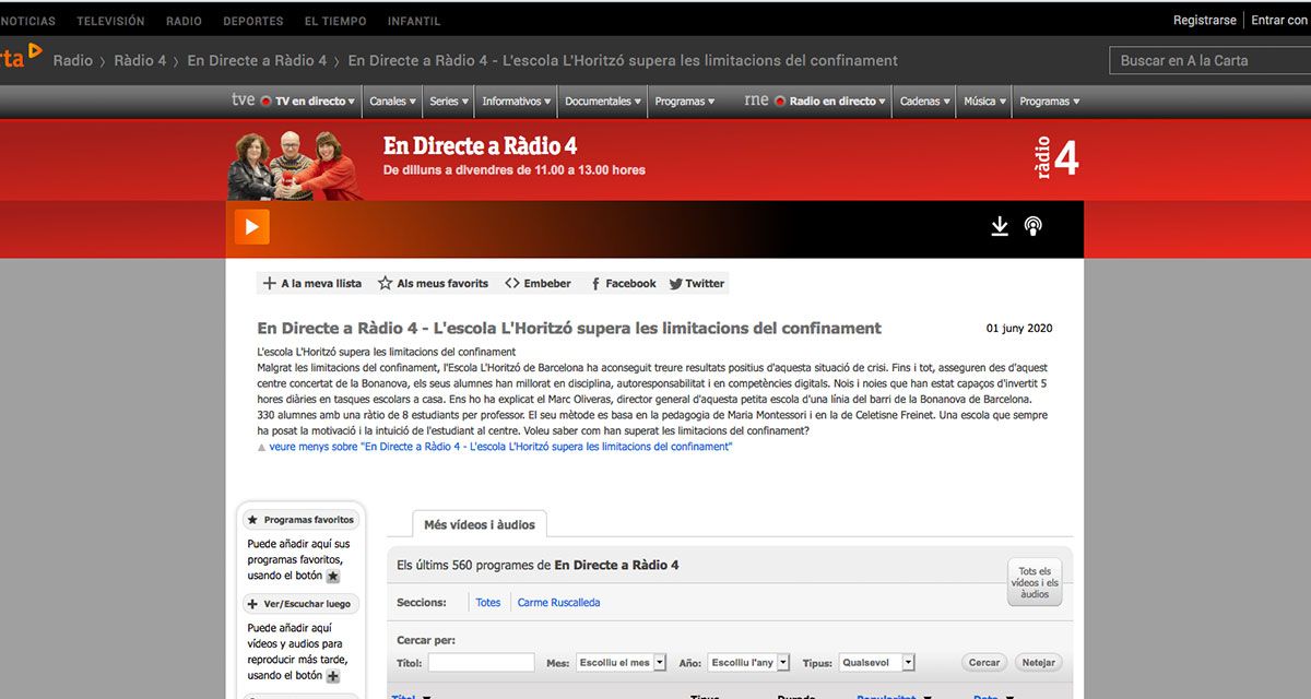 En Directe a Ràdio 4: L'Escola L'Horitzó supera les limitacions del confinament