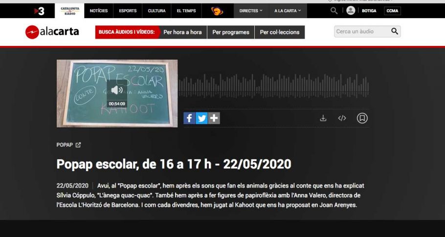<time datetime="2020-05-29T14:17:52+00:00">29 de mayo de 2020</time> | <a href="https://www.escola-horitzo.cat/author/kike/">Super User</a> | <a href="https://www.escola-horitzo.cat/category/sala-de-premsa/" rel="tag">Sala de premsa</a> | <a href="https://www.escola-horitzo.cat/2020/05/29/catalunya-radio-popap-escolar-entrevista-anna-valero/#respond">No hay comentarios<span class="screen-reader-text"> en Catalunya Ràdio: Popap escolar – Entrevista Anna Valero</span></a>